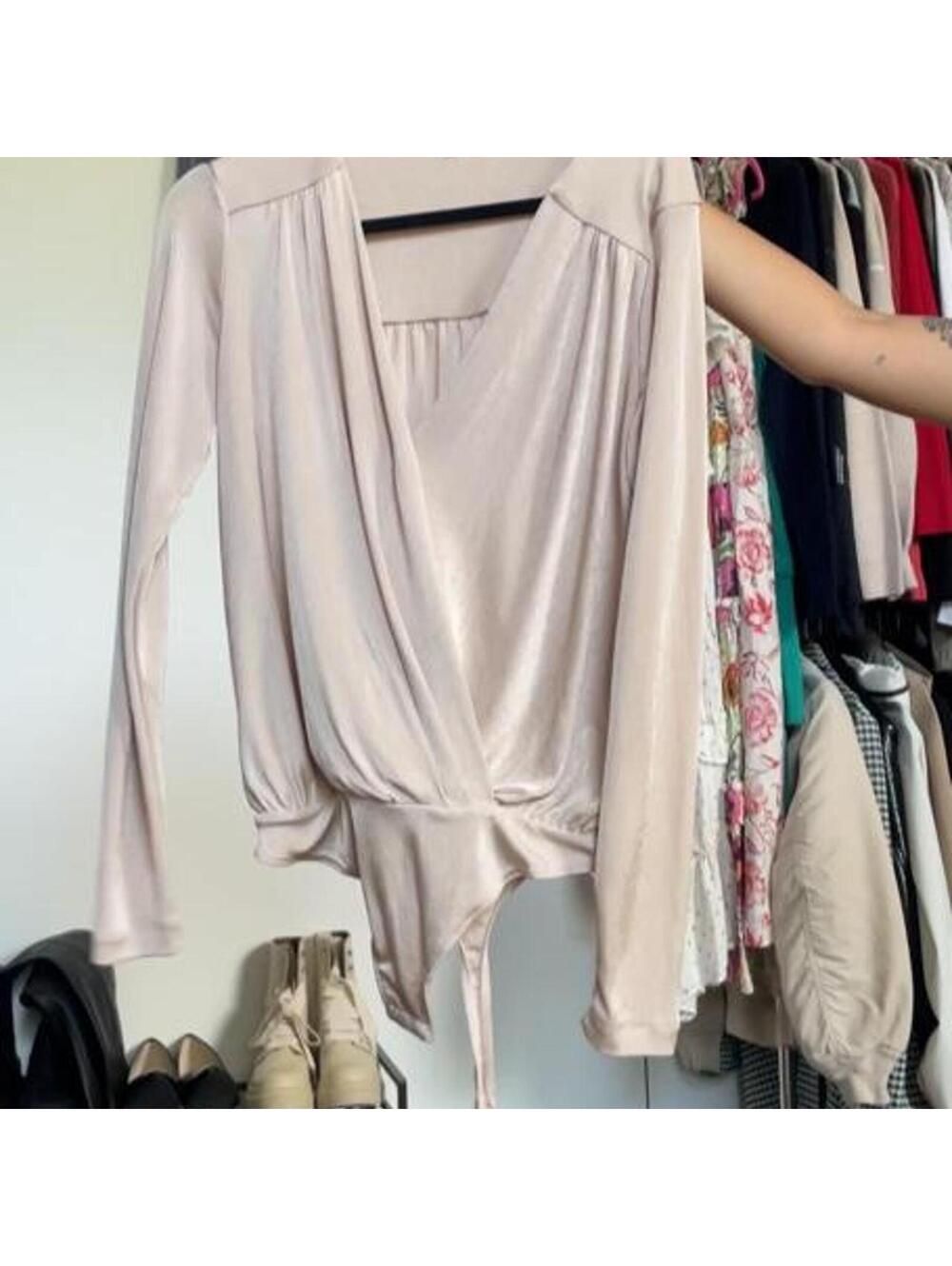free people nude slinky wrap blouse bodysuit size L